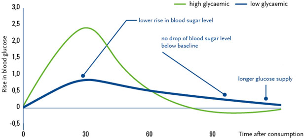 graph showing blood glucose profile of high vs low glycaemic response