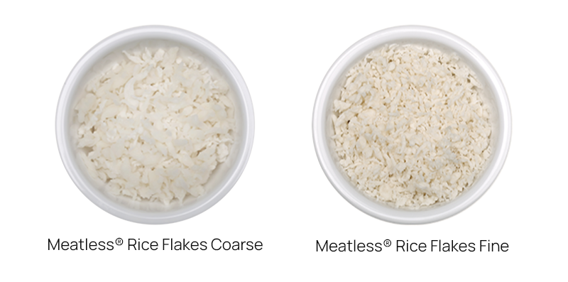 meatless rice flakes fine and meatless rice flakes coarse arranged in small bowls